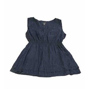 J Jill Top Womens Blue 100% Silk Beaded Cinched Blouse Sleeveless V Neck Size MP